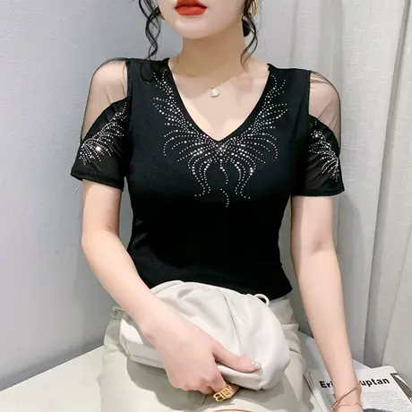 夏季性感网纱短袖T恤女时尚V领镂空上衣洋气百搭小衫别致烫钻丅恤图片