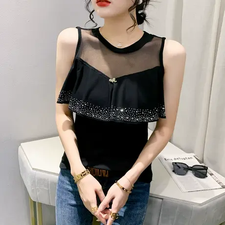 网纱拼接露肩T恤女短袖时尚设计感小众两穿上衣气质荷叶边小衫夏商品大图