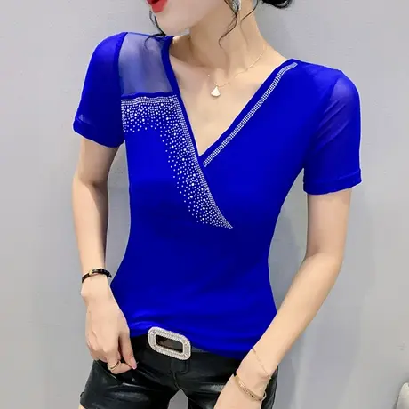 时尚烫钻网纱T恤女短袖夏装新款性感镂空V领小衫百搭修身显瘦上衣商品大图