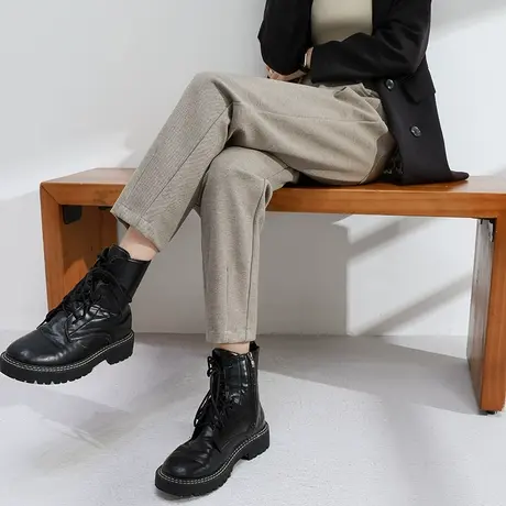 卡其色毛呢裤子女秋冬高腰宽松直筒复古九分显瘦休闲萝卜烟管裤子商品大图