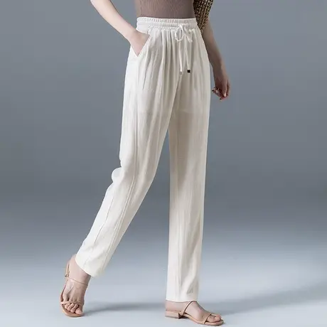 白色棉麻裤子女夏薄款2024新款亚麻女裤夏季休闲长裤萝卜裤哈伦裤商品大图