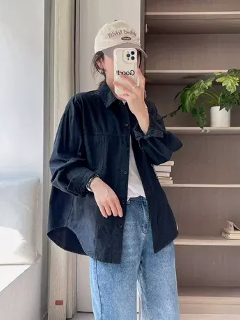 春秋季韩范复古宽松休闲简约百搭翻领落肩长袖衬衫女纯棉上衣外套图片