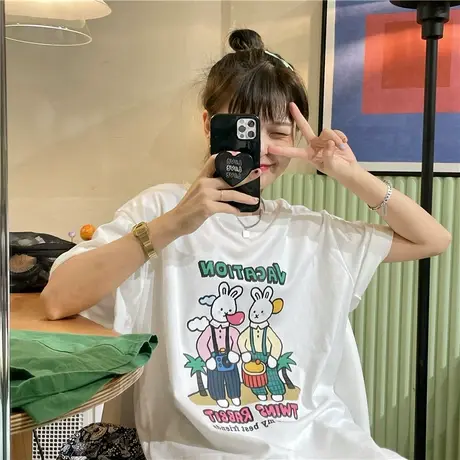 红续原创日系学院风卡通可爱兔子少女感小个子短袖纯棉白色T恤潮商品大图