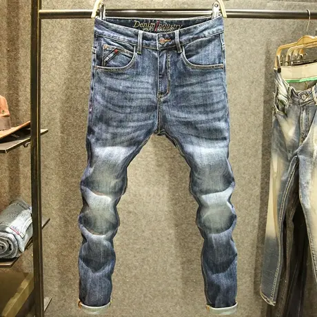 秋季耐磨牛仔裤男款时尚百搭修身小直筒裤潮牌简约小刺绣水洗长裤商品大图