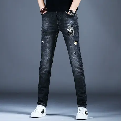 弹力潮牌刺绣牛仔裤男款修身小脚秋冬新款2023新款韩版潮流裤子男商品大图