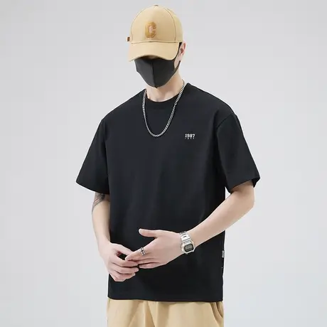 夏天不起皱全棉t圆领短袖t恤男士夏季无领半袖体恤衫男装休闲上衣商品大图