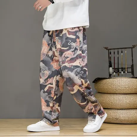2023秋冬新款休闲裤男中国风麂皮绒个性图案印花裤子青年宽松长裤商品大图