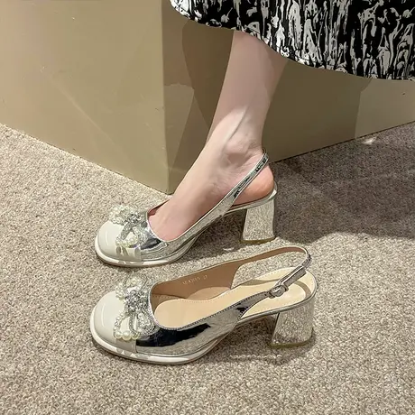 2023夏新款气质包头凉鞋粗跟绝美珍珠蝴蝶结玛丽珍单鞋银色高跟鞋商品大图