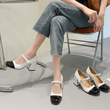 2024春夏新款一字魔术贴珍珠链条单鞋女玛丽珍鞋复古粗跟jk小皮鞋商品大图