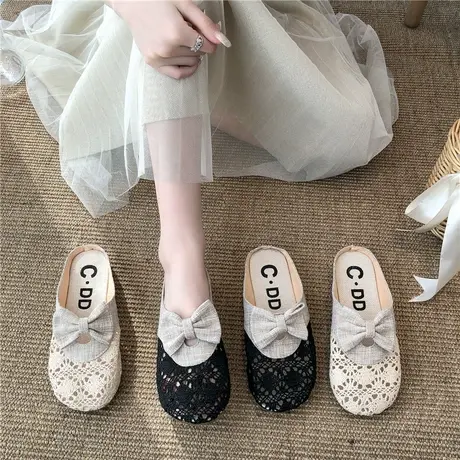 2024春夏季新款蝴蝶结包头镂空网面半拖鞋女亚麻懒人外穿凉拖鞋商品大图