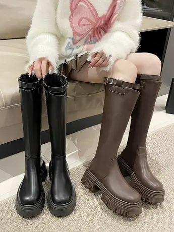 不过膝长筒靴女2023年新款秋冬棕色厚底显高大筒围粗腿显瘦骑士靴商品大图