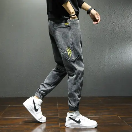 牛仔裤男士春秋款潮牌束脚2021年新款工装哈伦休闲九分裤子男秋季图片