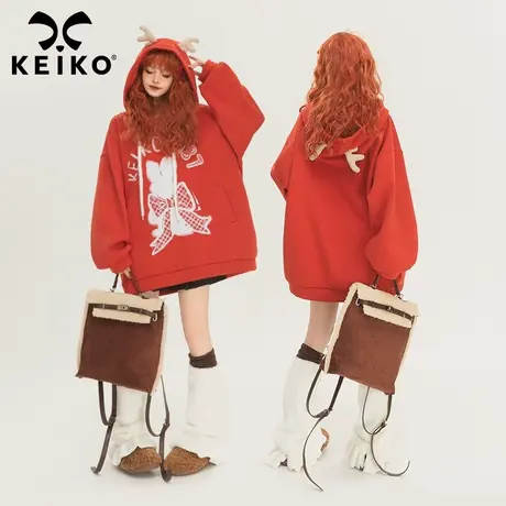 [加密绒]圣诞战衣麋鹿连帽卫衣女2024早春新年氛围感红色宽松外套图片