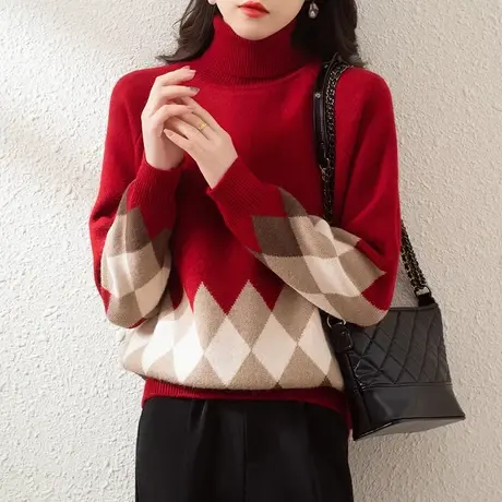 秋冬新款新年红色毛衣女韩版宽松高领套头针织衫女拼色打底衫上衣商品大图