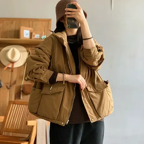 dza 复古下摆多口袋加厚棉服外套女冬漂亮连帽防风棉衣棉袄冲锋衣商品大图