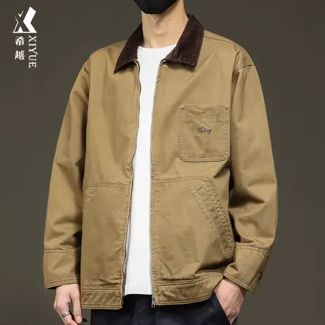 希越美式工装夹克男2024春季新款宽松大码复古洗褪男士翻领外套潮商品大图