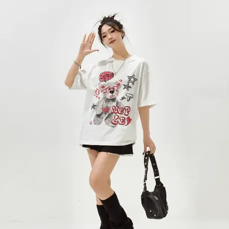 YEP白色发泡印小熊短袖t恤女春夏2024新款复古潮牌宽松情侣装上衣商品大图