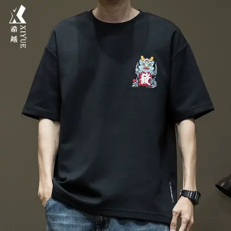 希越2024春季万针绣花龙年新款短袖T恤男290g重磅圆领打底衫上衣商品大图