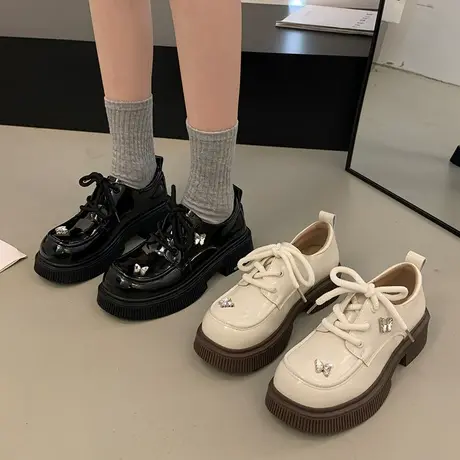 英伦风厚底小皮鞋女2024新款春季黑色法式单鞋子系带高级感乐福鞋图片