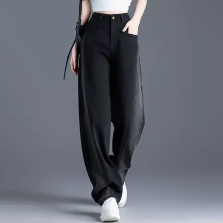 黑色牛仔裤女宽松显瘦裤子女直筒裤阴影撞色设计感美式高腰阔腿裤图片