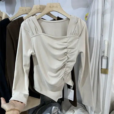 法式设计感褶皱收腰开叉方领垫肩T恤女冬加厚双面磨毛长袖打底衫商品大图