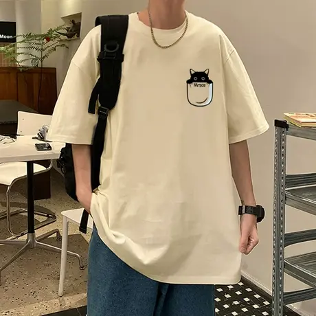 猫咪印花短袖t恤男夏季新款oversize潮流圆领半袖上衣纯棉体恤衫图片