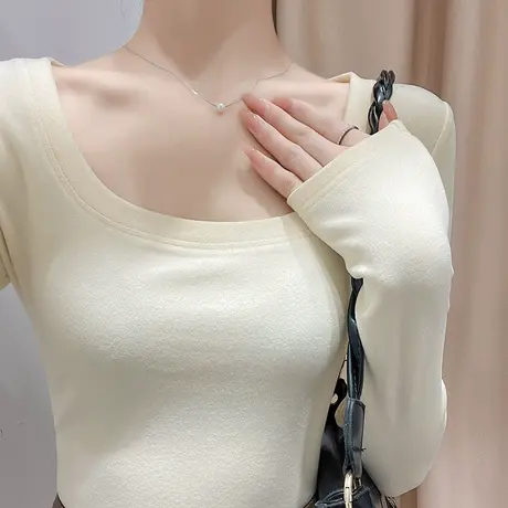 U领德绒打底衫女秋冬内搭大码修身显瘦磨毛洋气长袖t恤保暖上衣商品大图