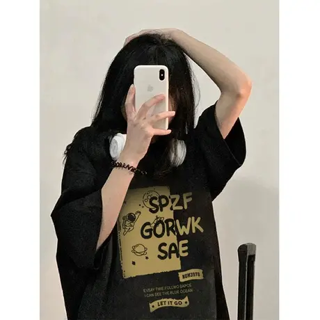 纯棉美式复古短袖t恤女2023新款夏季小个子宽松半袖上衣港味chic商品大图