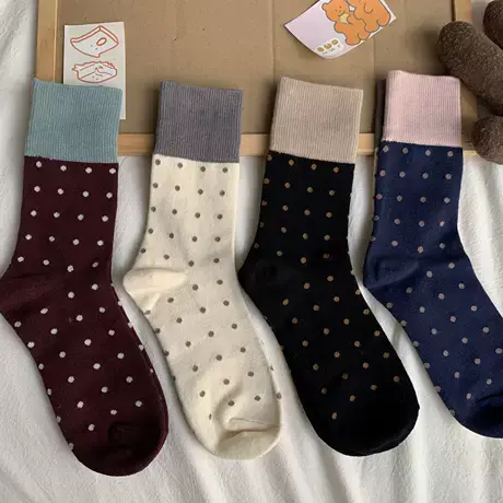 ins秋冬日系波点圆点撞色袜子女学院风复古森系堆堆中筒棉袜长袜商品大图