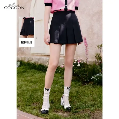 miss COCOON黑色高腰百褶裙女装2023夏装新款学院风减龄气质短裙商品大图