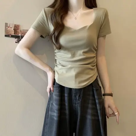 方领正肩露锁骨短袖T恤女夏装韩版洋气修身显瘦短款辣妹紧身上衣商品大图