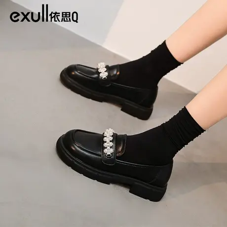 依思q英伦风小皮鞋女春季黑色松糕厚底一脚蹬学院风鞋子秋春单鞋商品大图