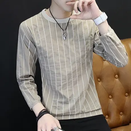 男士t恤长袖韩版潮流圆领打底衫上衣2023春秋新款竖条纹卫衣薄款商品大图