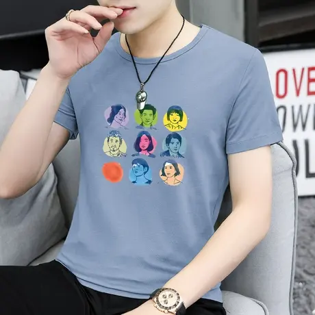 莫代尔短袖t恤男装2023新款冰丝凉感半袖潮流圆领上衣服修身体恤商品大图