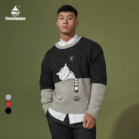 TOMATOPAPA原创秋冬圆领长袖毛衣个性卡通小猫毛巾刺绣针织衫上衣商品大图