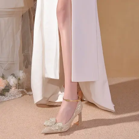 爱丽拉婚鞋女秀禾主婚纱两穿2023新款水晶孕妇粗跟新娘鞋防掉绑带商品大图