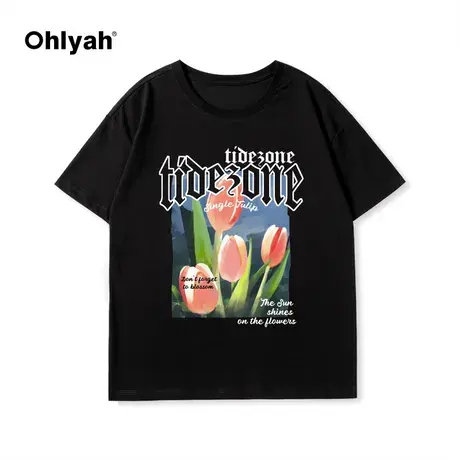 Ohlyah潮牌植物花卉郁金香春夏季短袖t恤男女宽松街头情侣装上衣图片