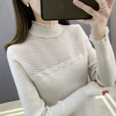 蕾丝打底衫女长袖秋冬2023年新款修身洋气内搭纯色针织衫洋气上衣商品大图