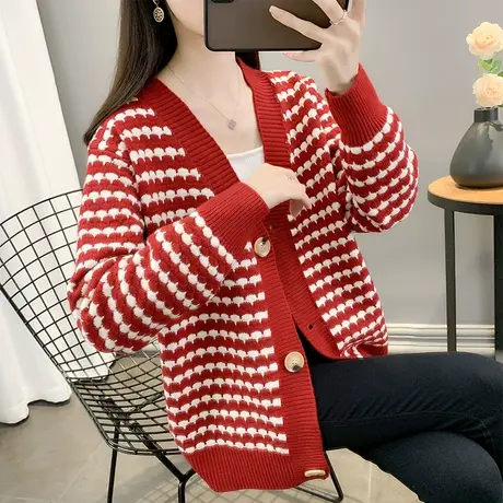 开衫外套针织秋装女2023年新款慵懒风条纹拼色提花毛衣女宽松外穿商品大图