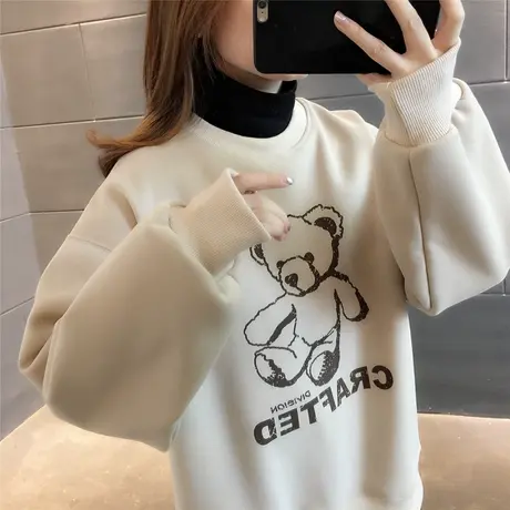 2023秋季新款半高领小熊卡通减龄印花卫衣加绒加厚撞色拼接上衣潮商品大图
