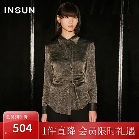 [鎏金系列]恩裳COVER2023秋新款气质打褶收腰盘扣美拉德金丝衬衫商品大图