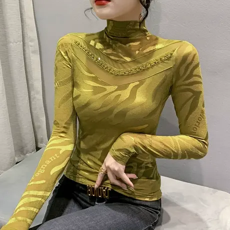 半高领网纱打底衫女士2023春秋新款性感镂空上衣钉珠气质长袖T恤图片