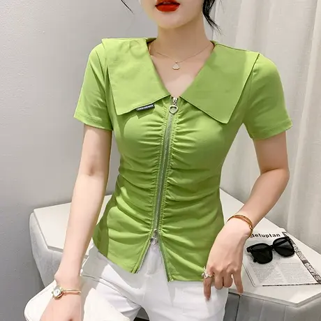时尚娃娃领T恤女短袖设计感小众拉链修身上衣纯色百搭别致体恤夏图片