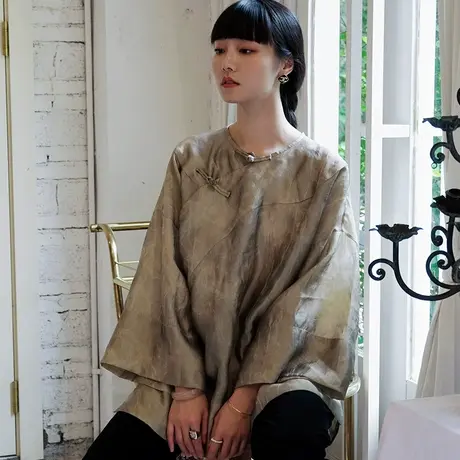 原创设计复古衬衫女士新中式侧盘扣衬衣宽松圆领灯笼袖轻国风上衣图片