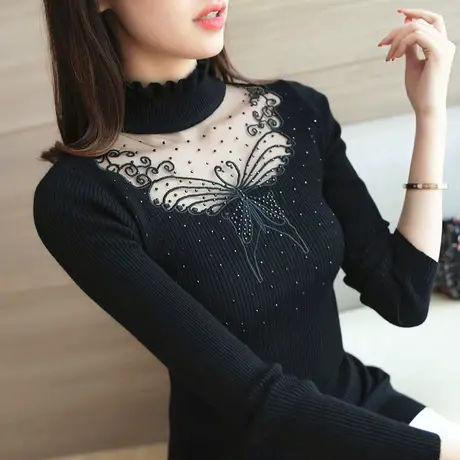 秋冬新款女装套头半高领蝴蝶蕾丝拼接镂空镶钻修身针织衫打底毛衣商品大图