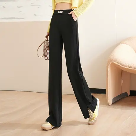 黑色开叉阔腿裤女2023秋季新款坠感高腰直筒裤显瘦百搭长裤休闲裤商品大图