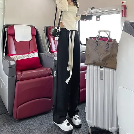 黑色阔腿运动裤女2023年春季新款高腰垂感宽松显瘦抽绳休闲直筒裤商品大图