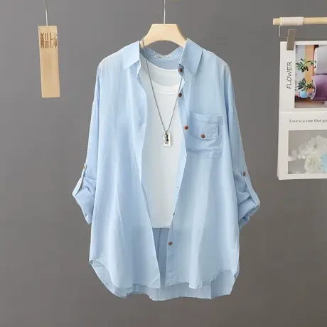 防晒衣开衫长袖衬衫女中长款2023新款夏季轻薄棉材质宽松轻薄上衣商品大图