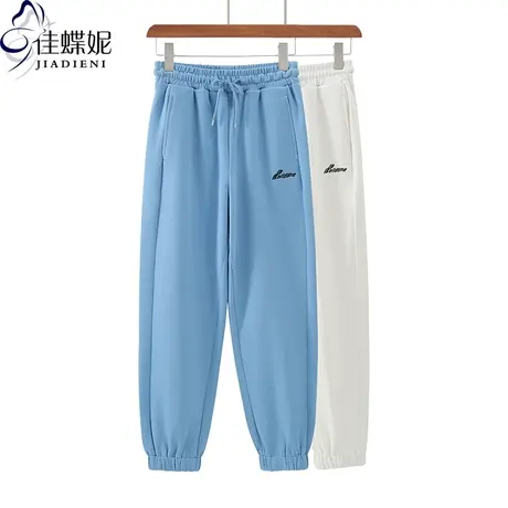 秋季新款韩版宽松松紧腰字母刺绣纯色华夫格运动长裤女束脚裤图片
