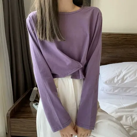 秋季设计感不规则短款T恤女小个子2020韩版紫色气质外穿长袖上衣商品大图